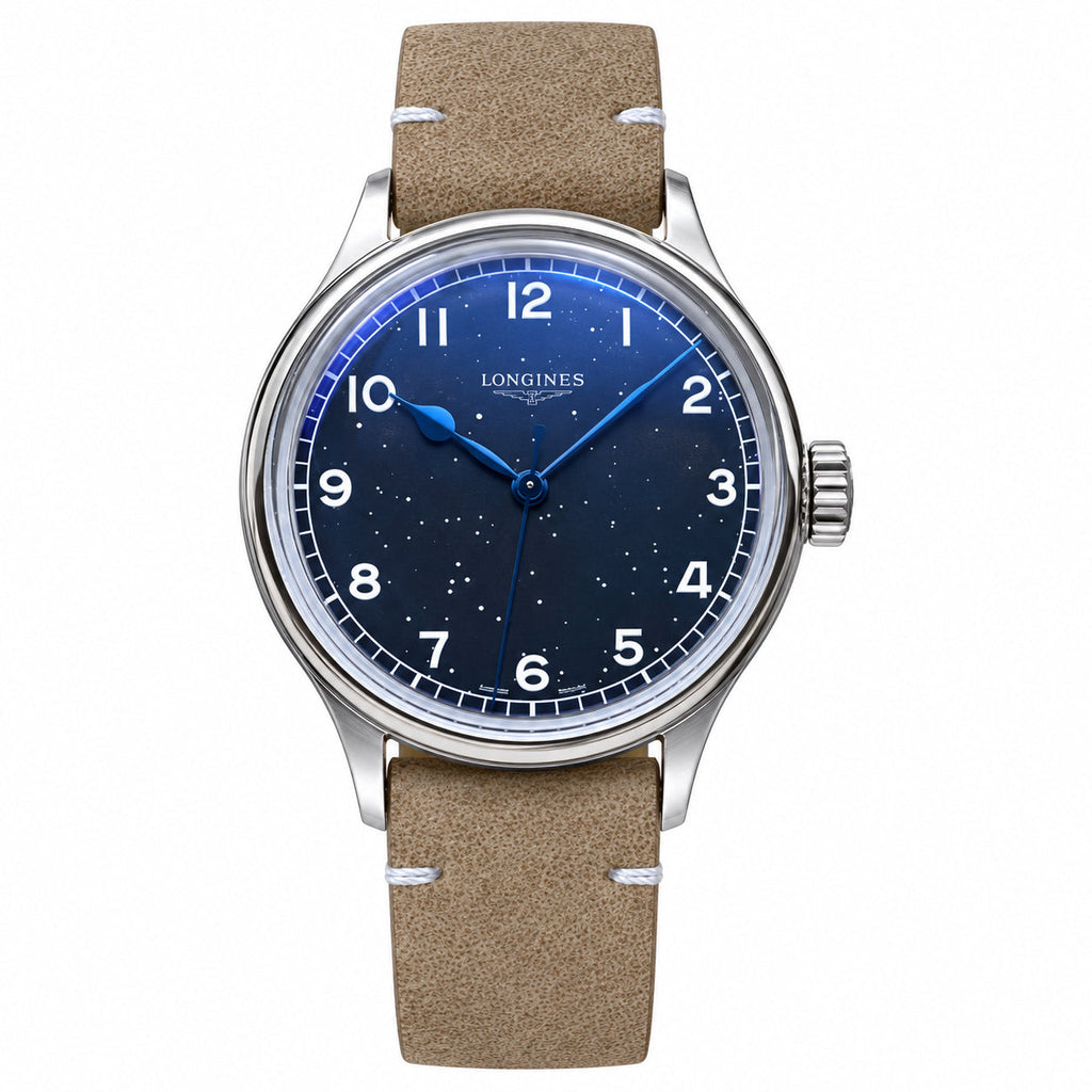 Longines Heritage Military watch with deep blue starry dial and sand leather strap