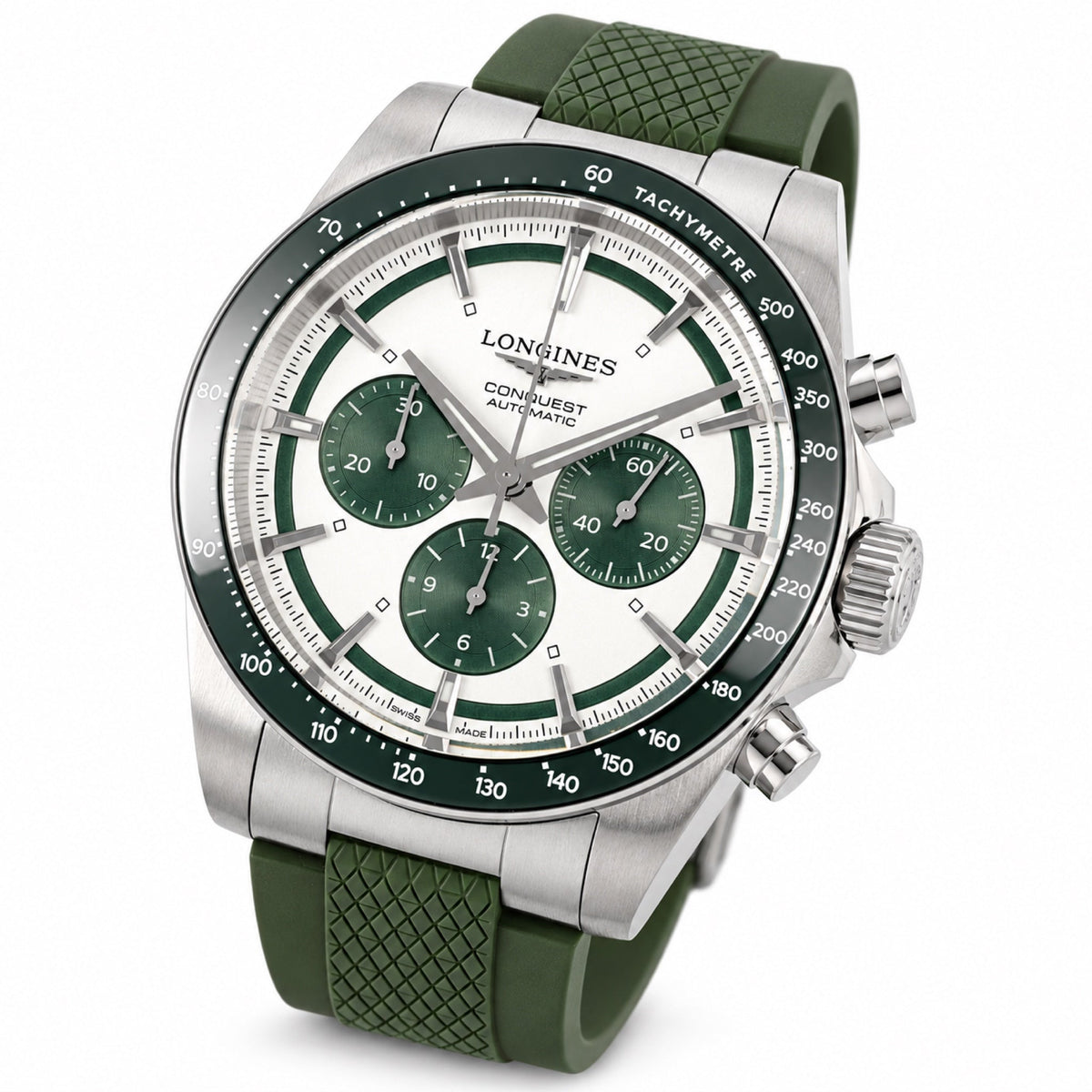 Longines Conquest Automatic Chronograph White Dial Green Bezel