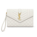 YSL Saint Laurent Envelope Clutch White Quilted Leather Gold YSL Monogram Wrist Strap