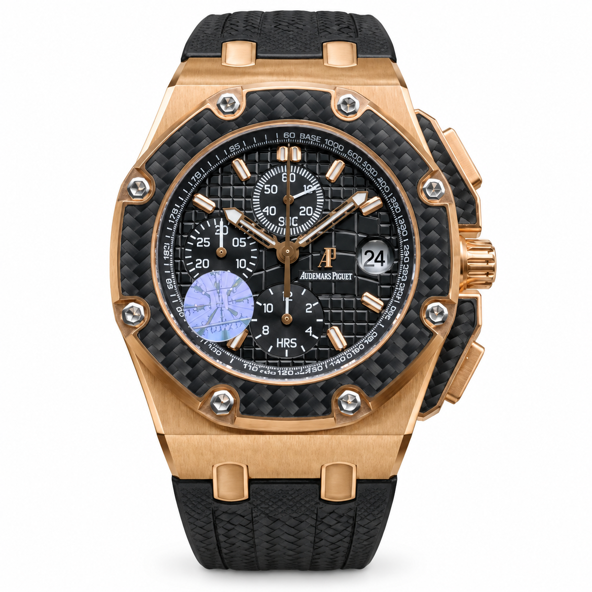 Audemars Piguet Royal Oak Offshore Chronograph Rose Gold Carbon Fibre Bezel Black Mega Tapisserie Globe Dial Rubber Strap