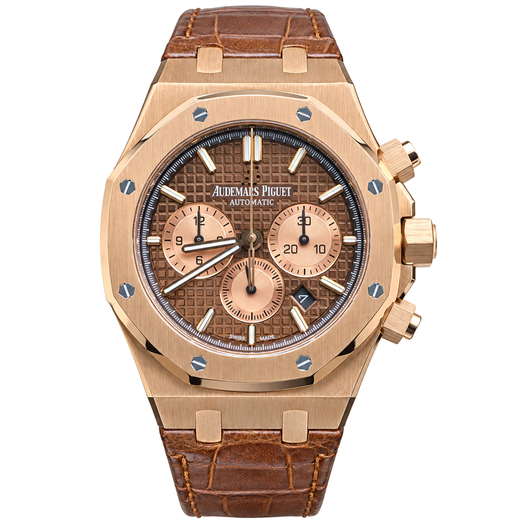 Audemars Piguet Royal Oak Chronograph Rose Gold Brown Petite Tapisserie Dial Brown Alligator Leather Strap