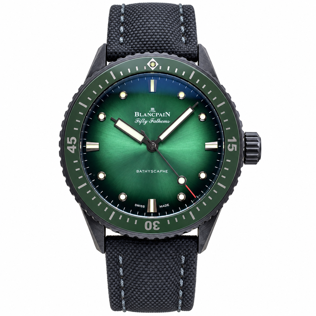 Blancpain Fifty Fathoms Bathyscaphe black DLC green gradient dial with green ceramic bezel and black canvas strap