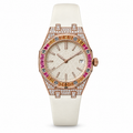 Audemars Piguet Royal Oak Automatic Ladies Rose Gold Diamond Pave Case Rainbow Orange Pink Sapphire Bezel White Tapisserie Dial White Rubber Strap