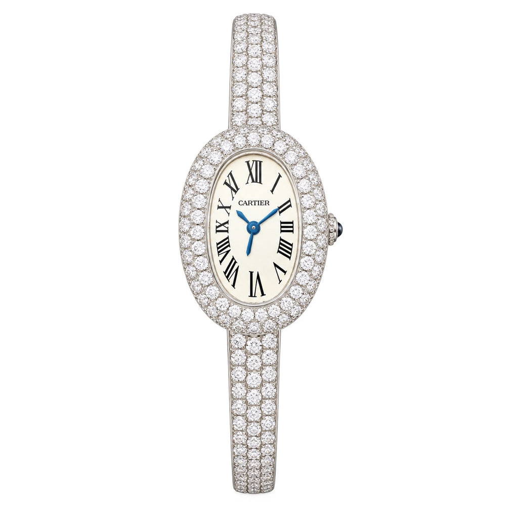 Cartier Baignoire — 18K White Gold, Full Diamond Bezel & Diamond Bangle, White Dial, Women