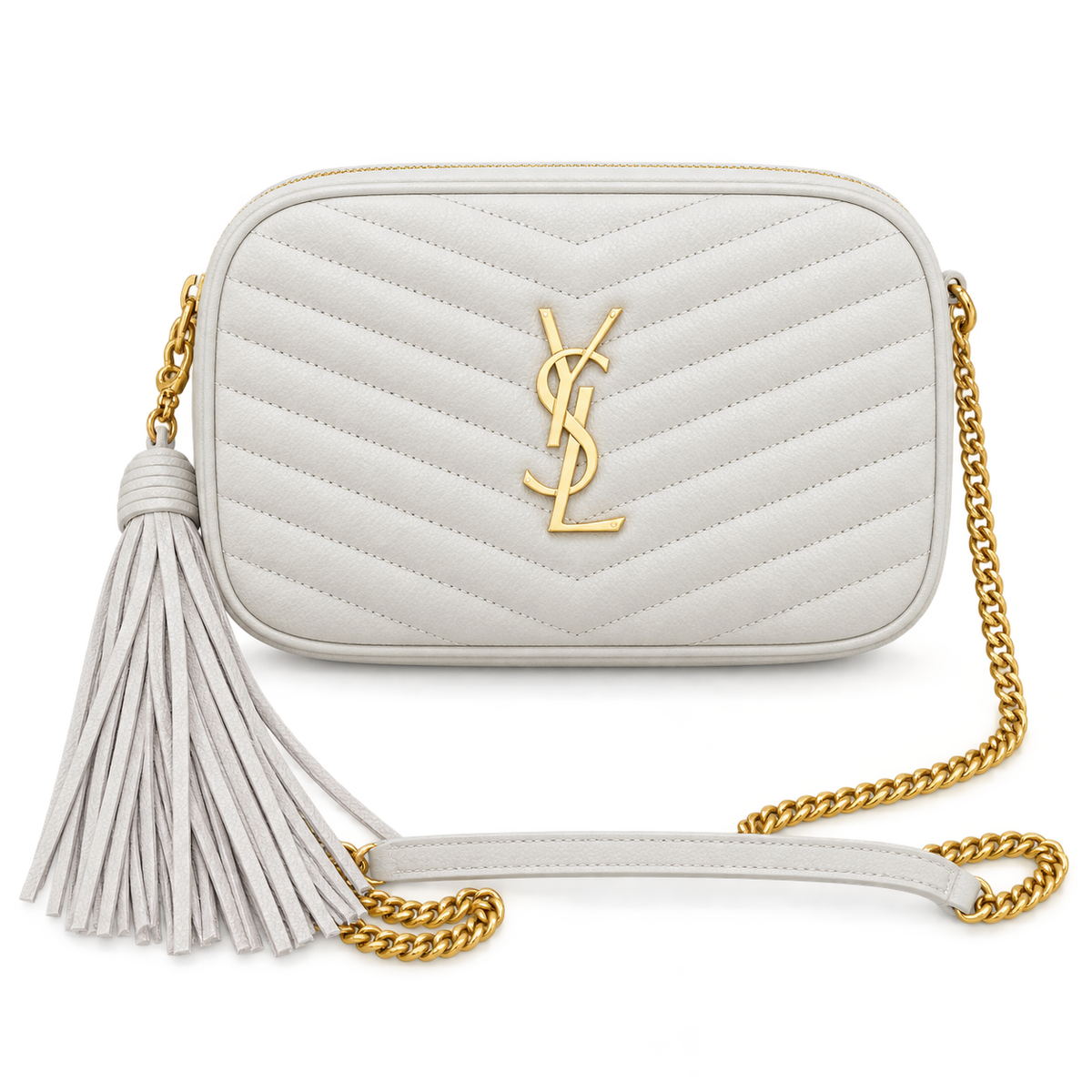 YSL Saint Laurent Lou Camera Bag Cream Matelasse Chevron Leather Gold YSL Monogram Cream Leather Tassel Gold Chain Strap