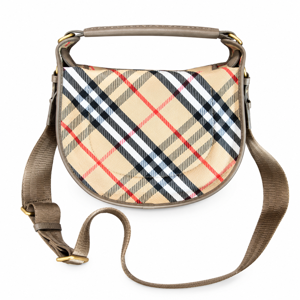 Burberry Heritage Check Saddle Bag with Taupe Trim