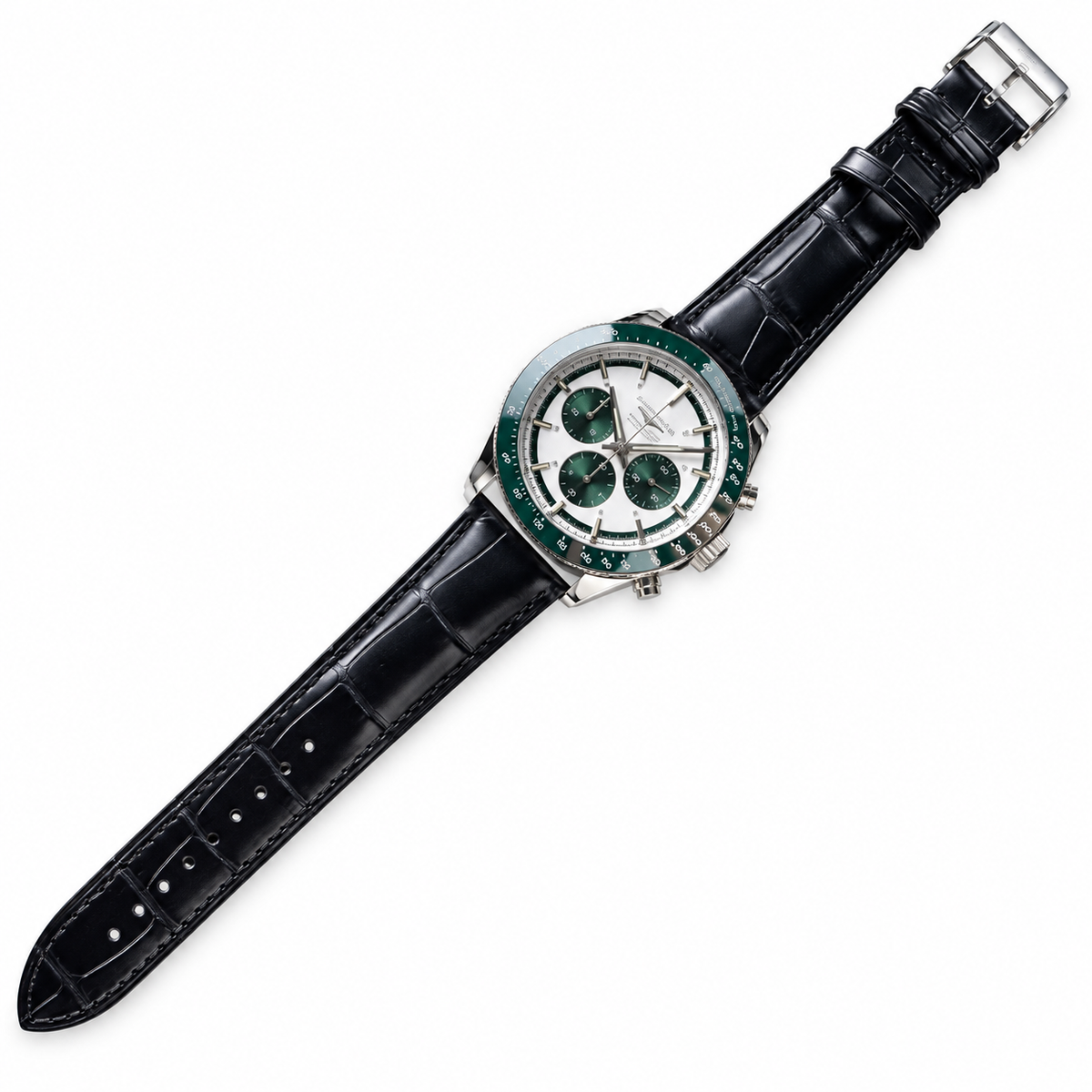 Longines Conquest Chronograph – Green Bezel Black Leather Strap