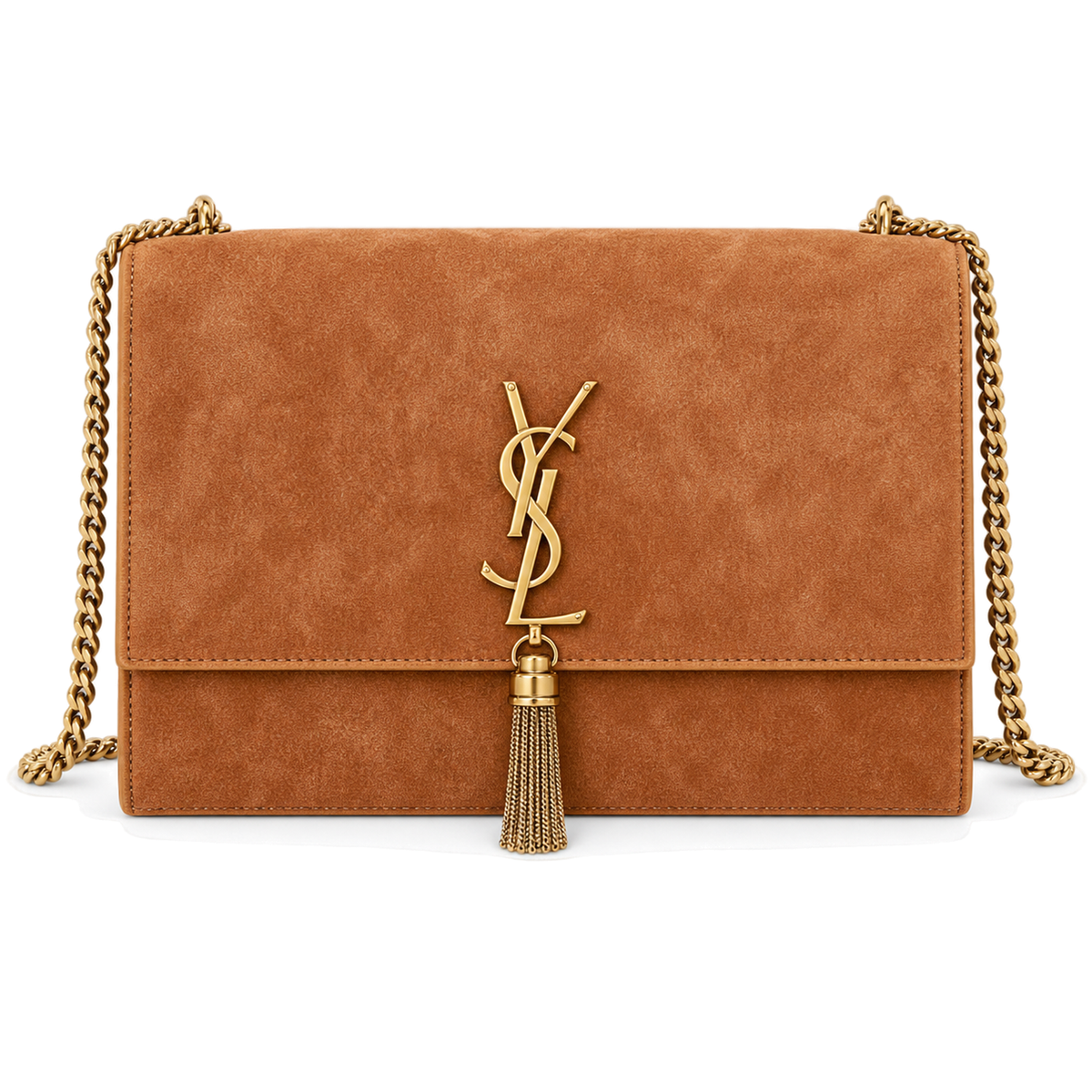 Saint Laurent YSL Kate Tassel chain crossbody bag in camel warm tan suede calfskin with oversized gold YSL monogram antique gold curb chain and gold tassel