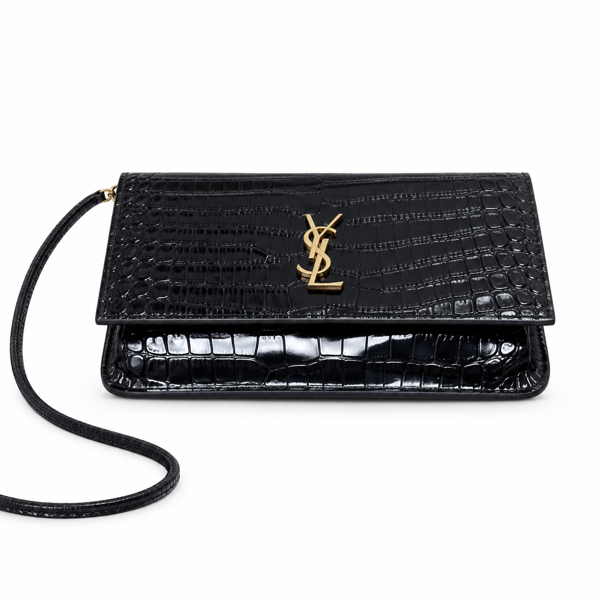 Saint Laurent Kate Medium Chain Bag in Black Croc
