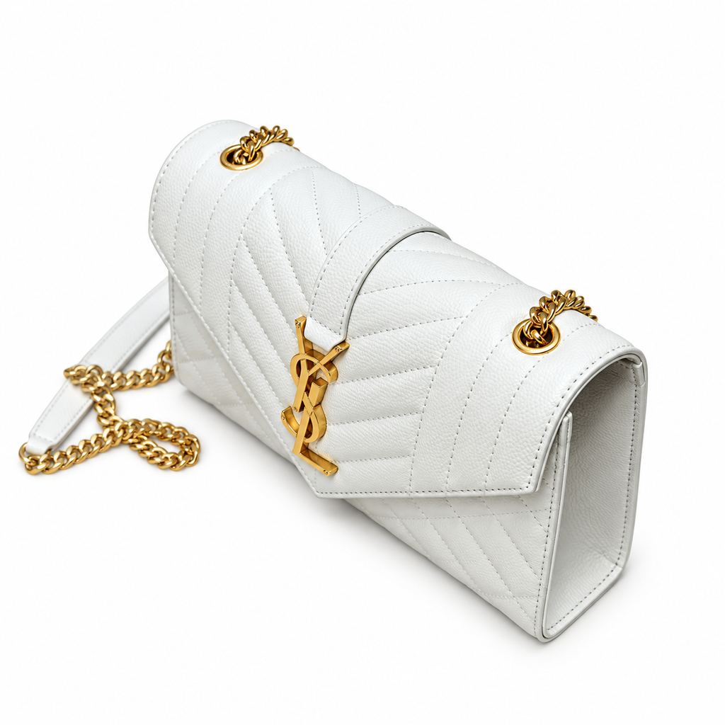 YSL Envelope Quilted Leather Chain Shoulder Bag White