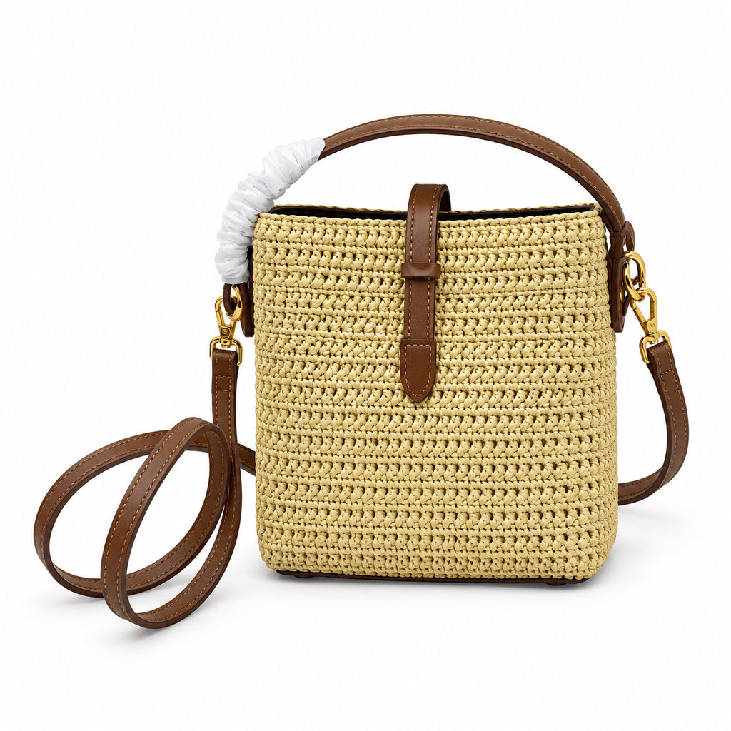 YSL Saint Laurent Suzanne Bucket Bag in Natural Raffia and Tan Leather