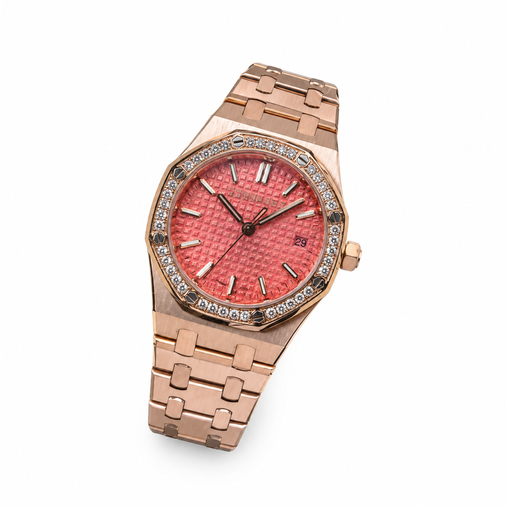 Audemars Piguet Royal Oak Automatic Rose Gold Diamond Bezel Coral Pink