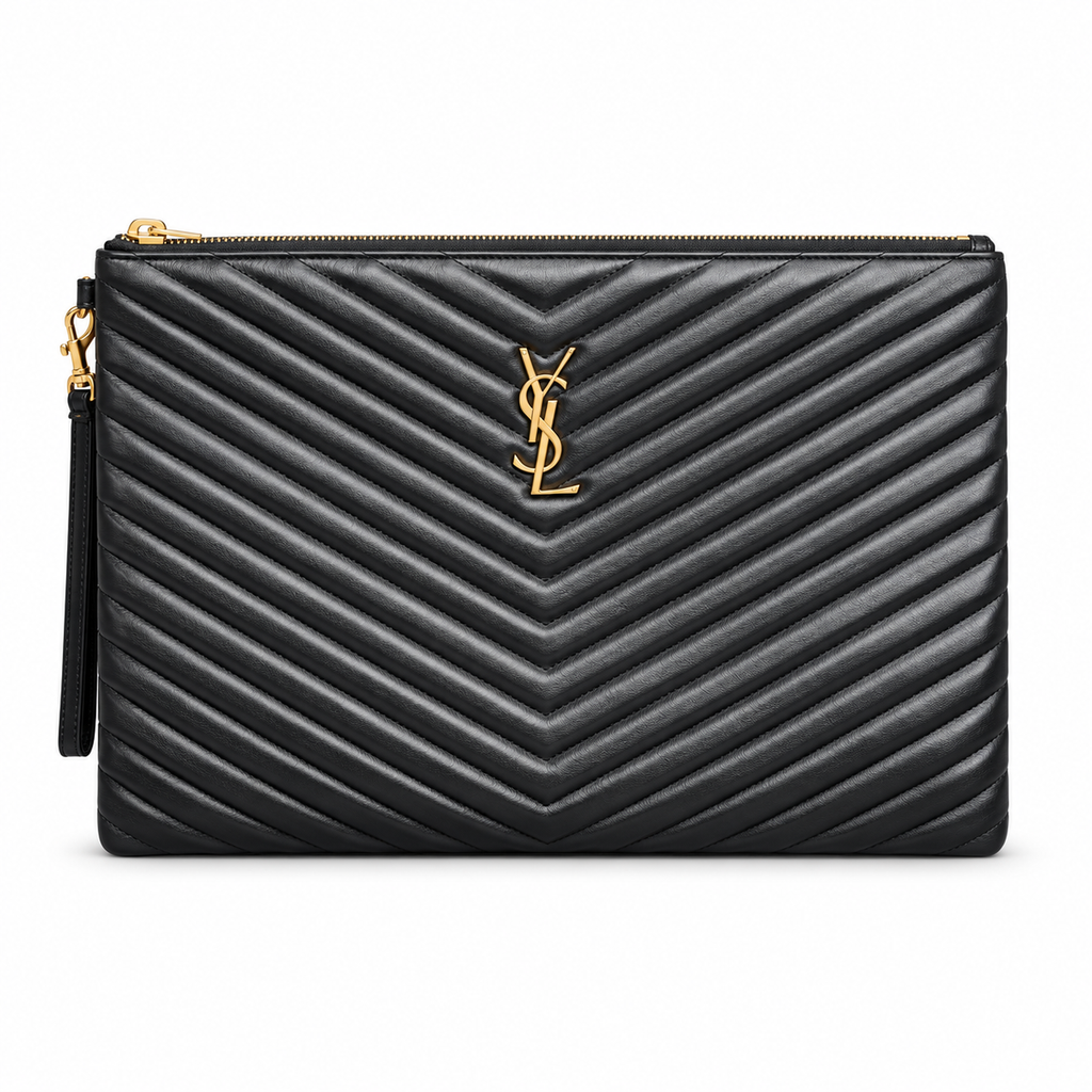 Saint Laurent Monogram quilted black matelassé leather clutch with gold YSL monogram and zip closure