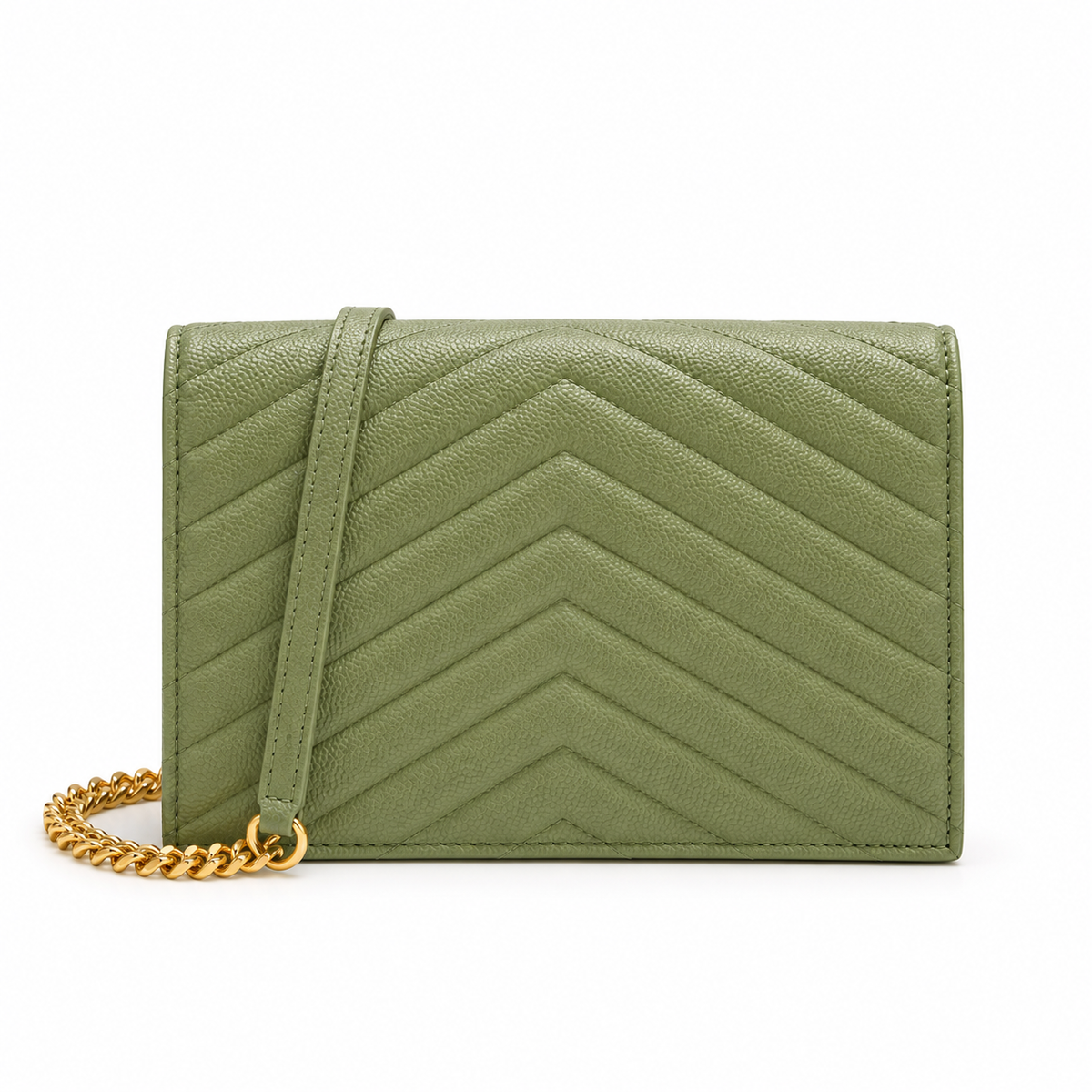 YSL Saint Laurent Envelope Chain Wallet in Sage Green Matelassé Leather