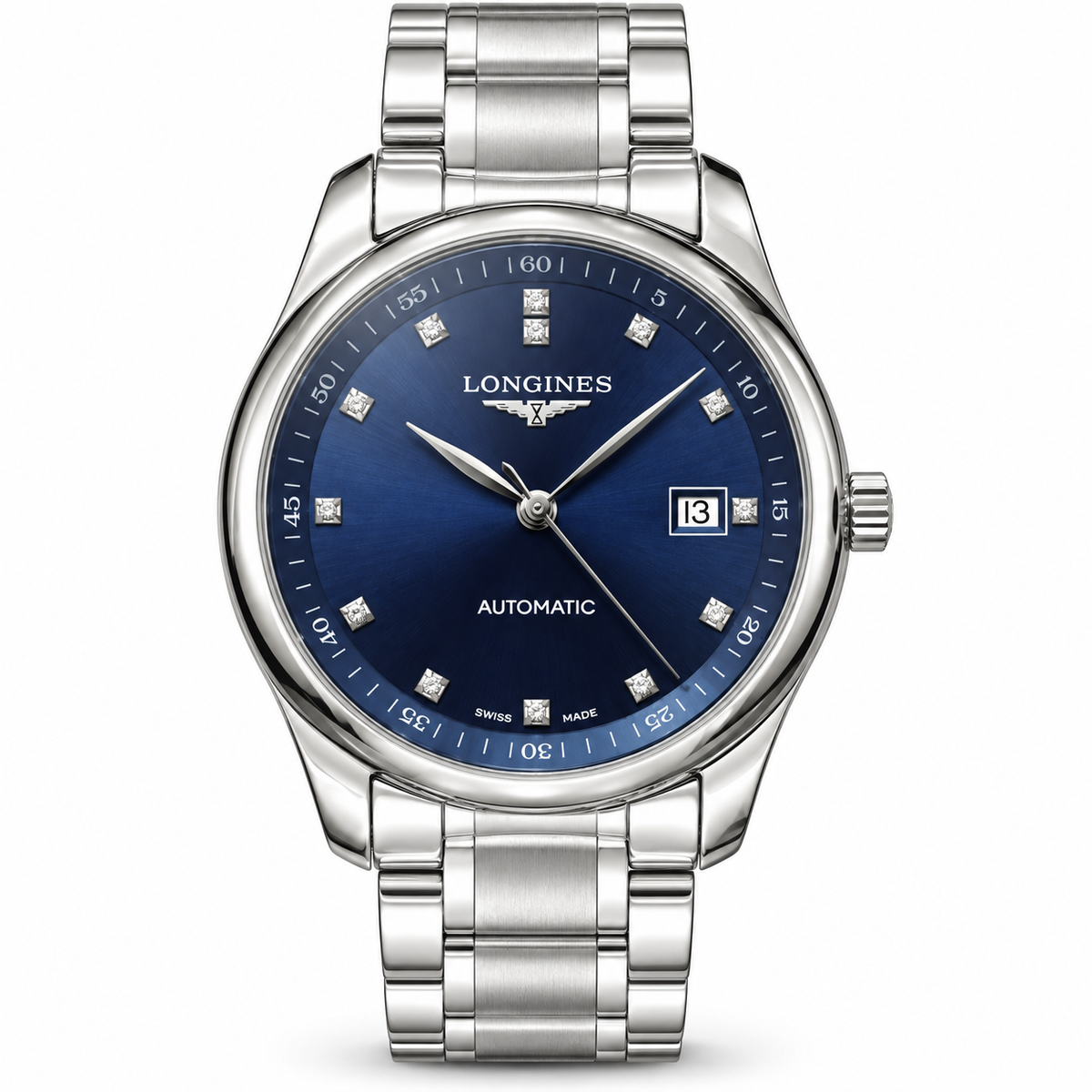 Longines Master Collection automatic watch with blue diamond dial and stainless steel bracelet