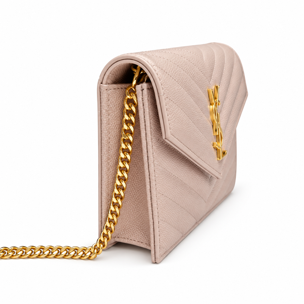 YSL Saint Laurent Envelope Chain Wallet in Powder Pink Matelassé Leather