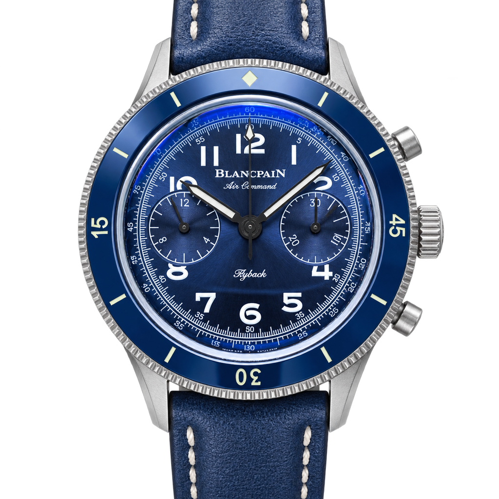 Blancpain Air Command Flyback chronograph stainless steel blue dial blue ceramic bezel navy leather strap
