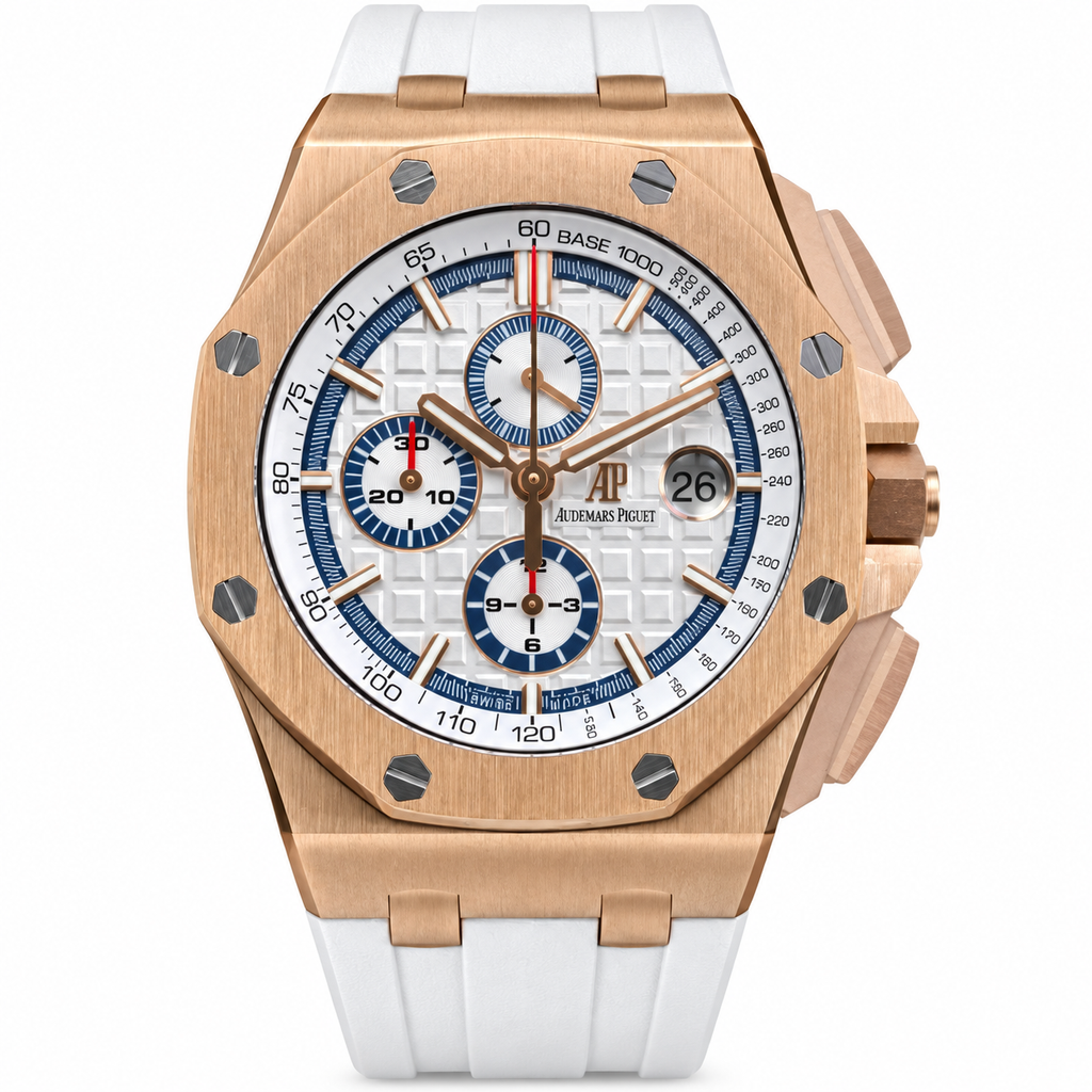 Audemars Piguet Royal Oak Offshore Chronograph Rose Gold White Mega Tapisserie Blue Sub-dial Red Accent White Rubber Strap