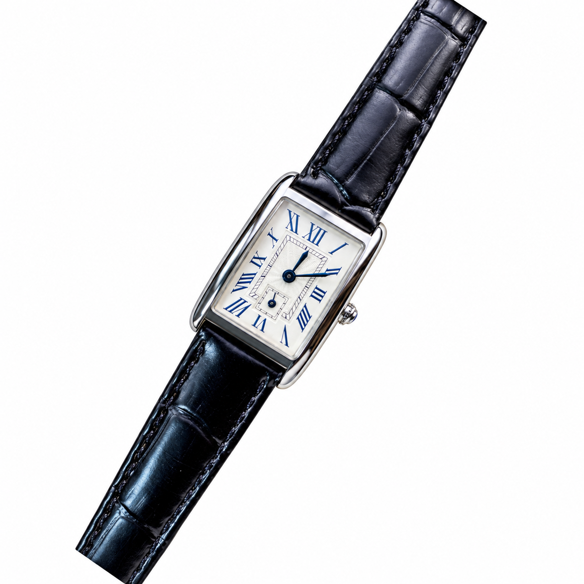 Longines DolceVita White Guilloché Blue Roman Numerals Navy Leather Watch