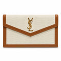 YSL Saint Laurent Cassandre Envelope Clutch Natural Linen Tan Leather Trim Gold YSL Monogram V-Flap