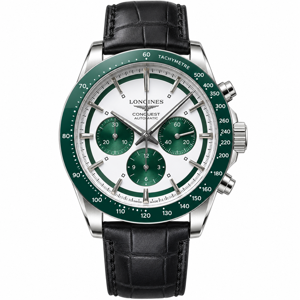 Longines Conquest Chronograph – Green Bezel Black Leather Strap