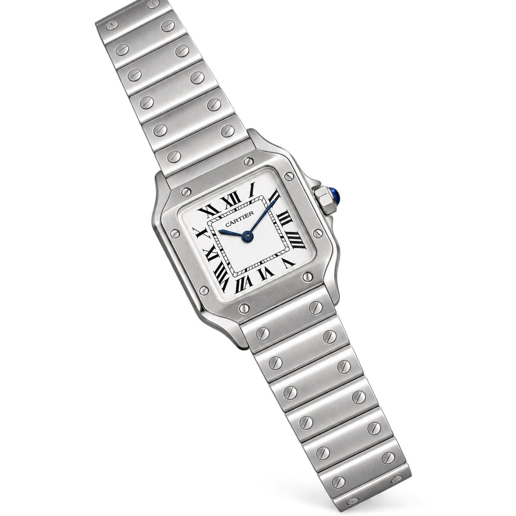 Cartier Santos de Cartier Large Stainless Steel White Dial Roman Numeral Blue Hands Steel Bracelet Automatic Watch