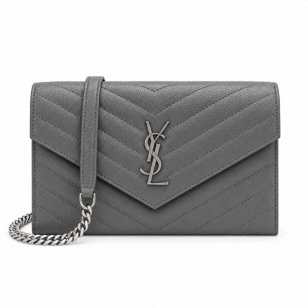 YSL Saint Laurent Envelope Chain Wallet in Grey Matelassé Leather with Silver Hardware
