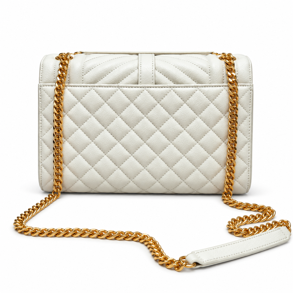 YSL College Quilted Caviar Leather Shoulder Bag White