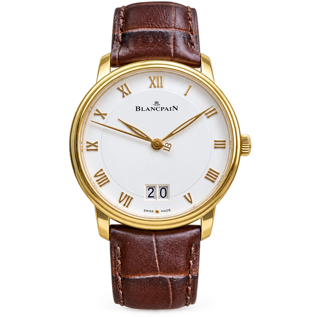 Blancpain Villeret Large Date Yellow Gold Brown Alligator Dress Watch