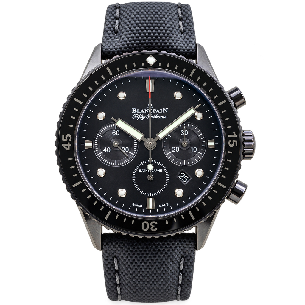 Blancpain Fifty Fathoms Bathyscaphe Chronograph all black ceramic bezel dark grey canvas strap