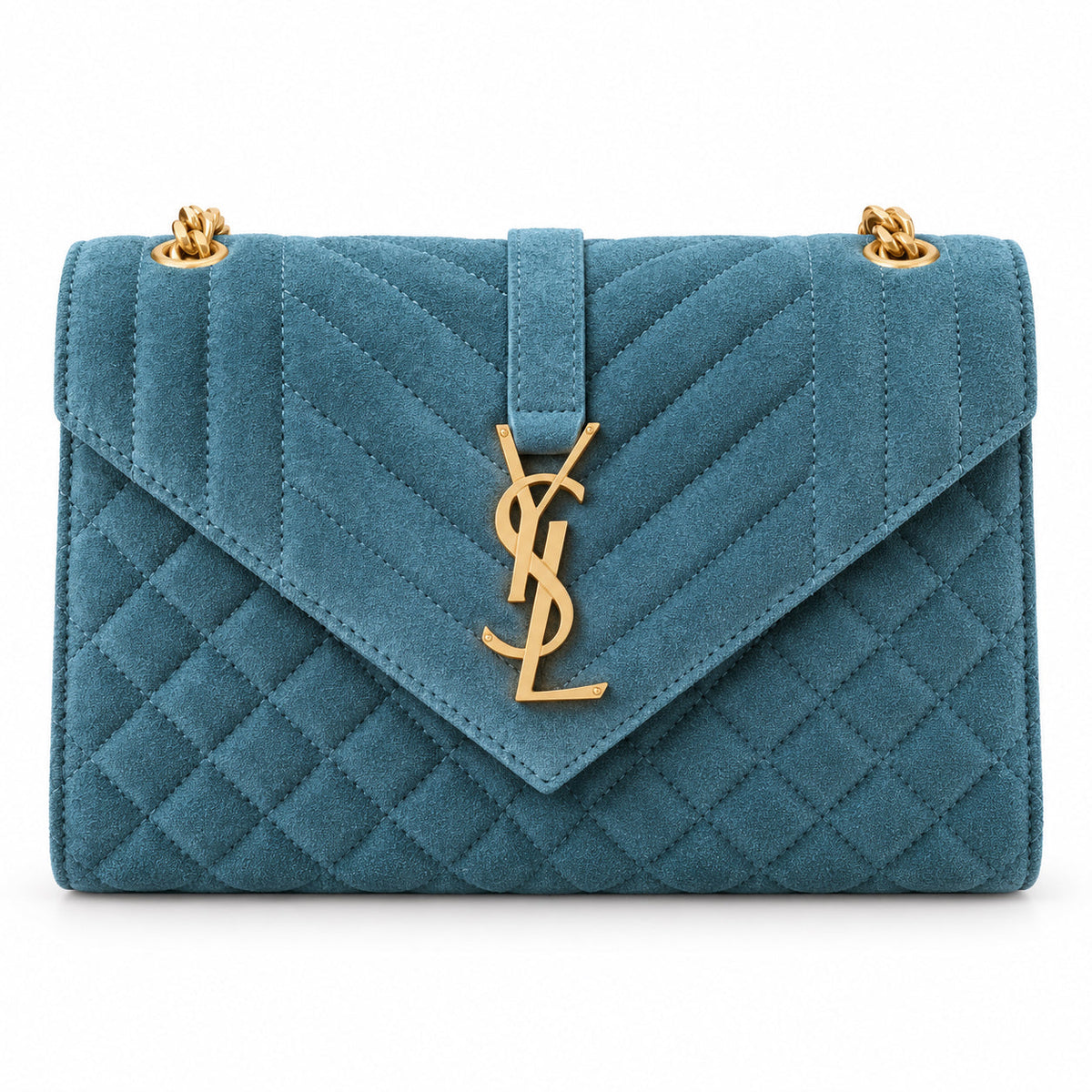 YSL Envelope Medium Bag in teal mixed-quilted suede with gold YSL monogram tab closure and chain strap, front view