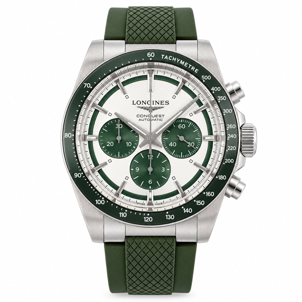 Longines Conquest Automatic Chronograph White Dial Green Bezel
