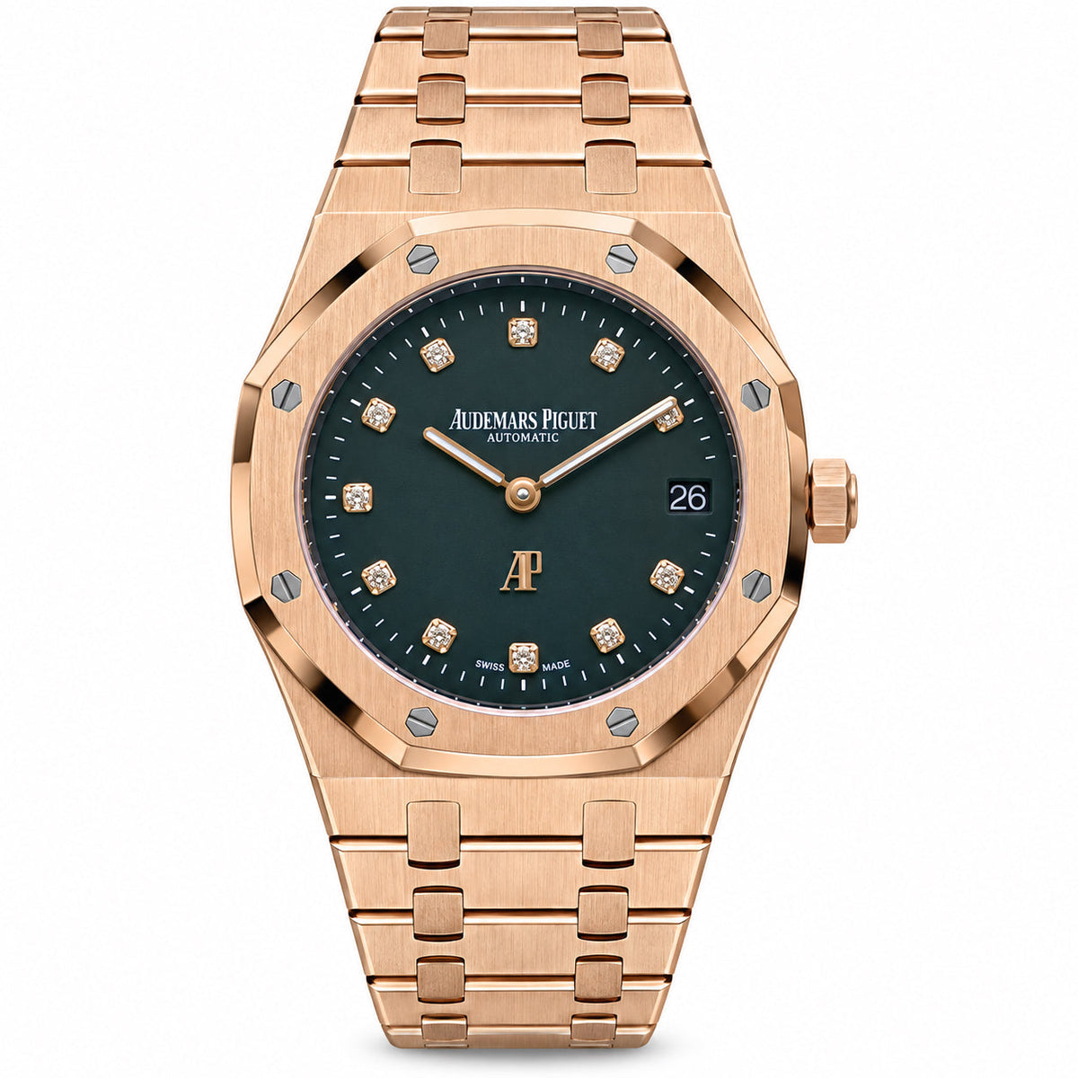 Audemars Piguet Royal Oak Automatic Rose Gold Deep Green Dial Diamond Hour Markers Integrated Bracelet