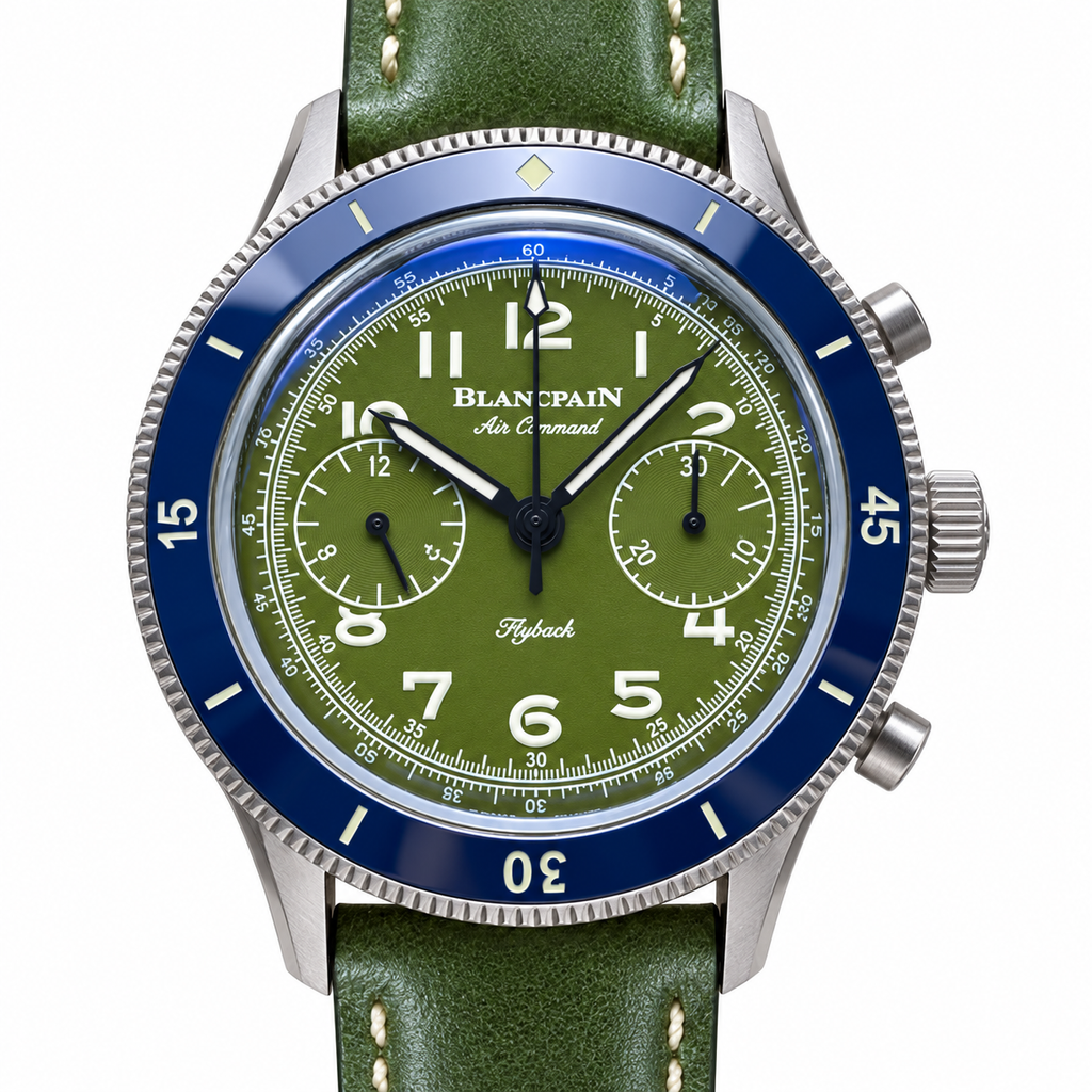 Blancpain Air Command military green dial flyback chronograph blue ceramic tachymeter bezel green leather strap automatic pilot watch