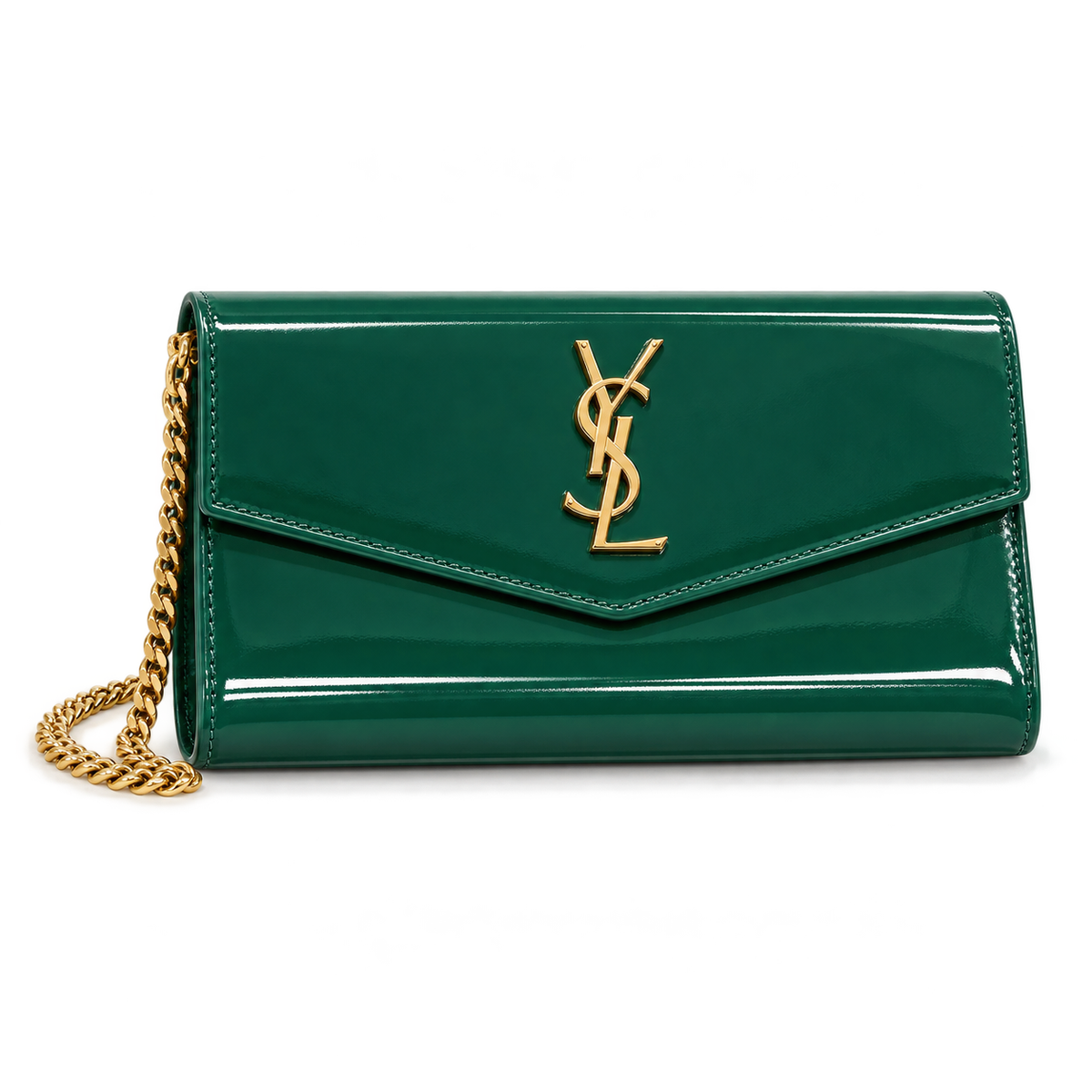 Saint Laurent YSL Uptown Chain Wallet – Green Patent Leather