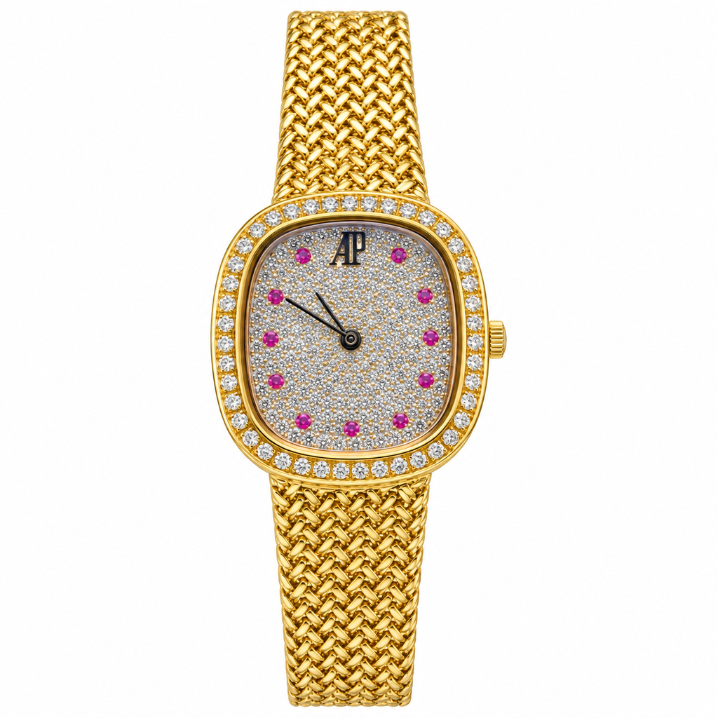 Audemars Piguet Ladies Diamond Pave Ruby Yellow Gold Watch