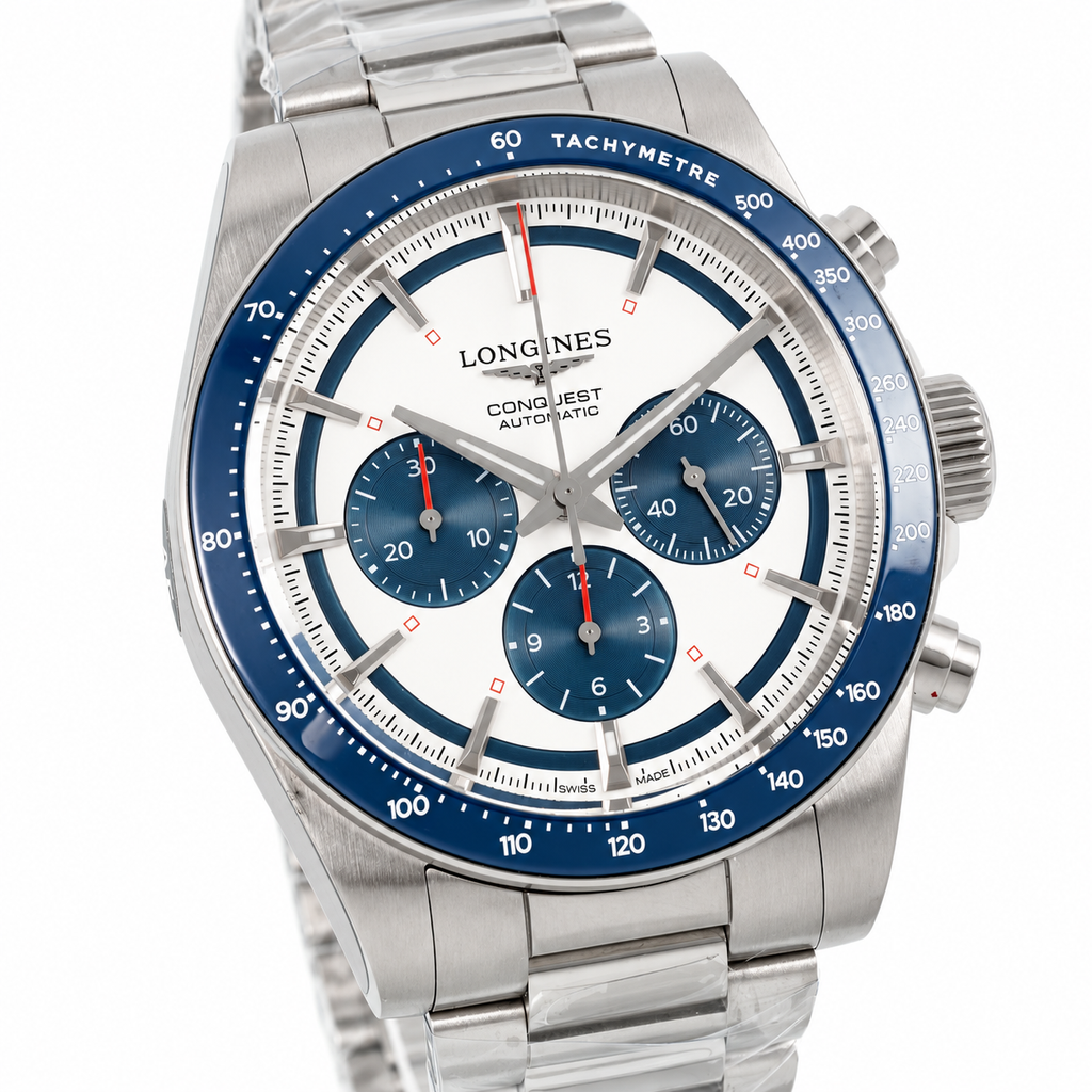 Longines Conquest Automatic Chronograph White Dial Blue Bezel Steel Bracelet