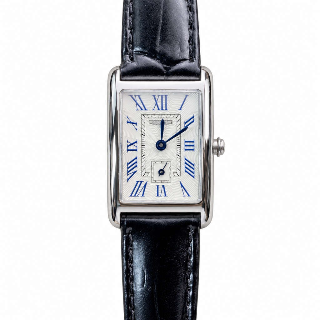 Longines DolceVita rectangular white guilloché dial blue Roman numerals blue steel hands navy crocodile leather strap ladies watch