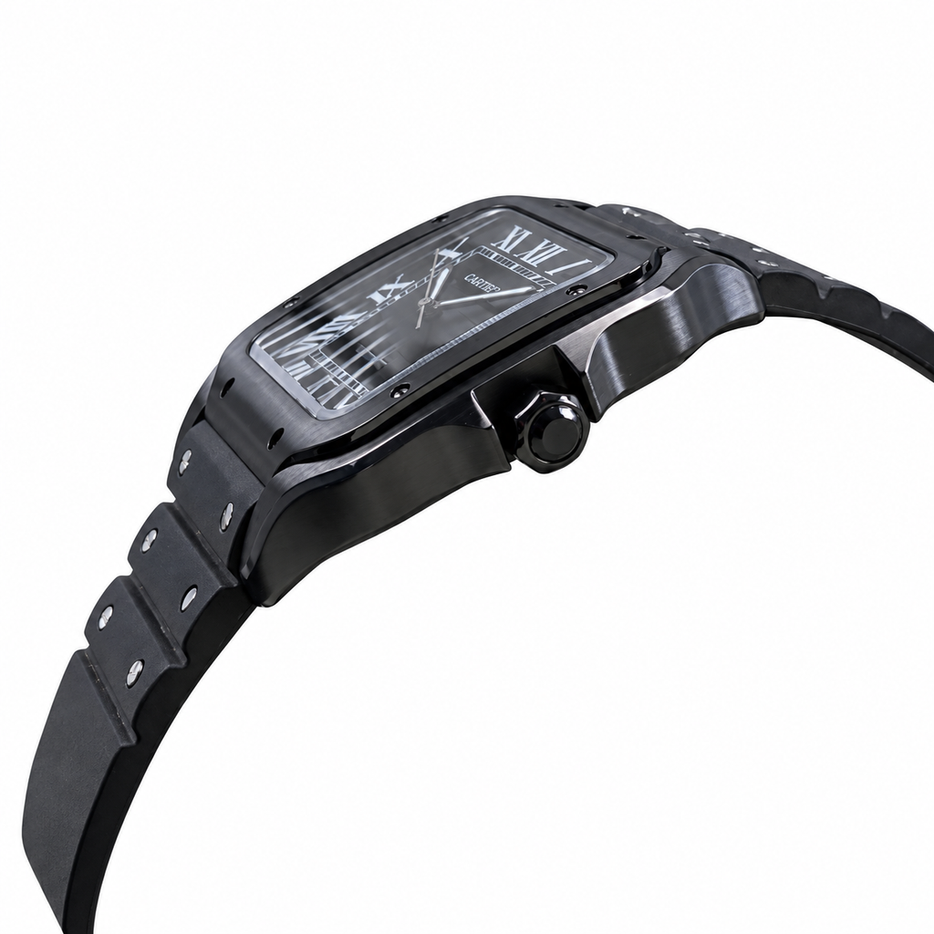 Cartier Santos de Cartier Large All-Black ADLC Coated Black Dial Rubber Strap Watch