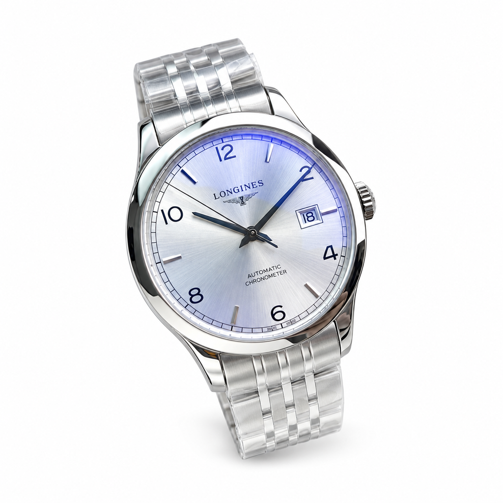 Longines Record Silver Dial Blue Hands Steel Bracelet Chronometer Watch