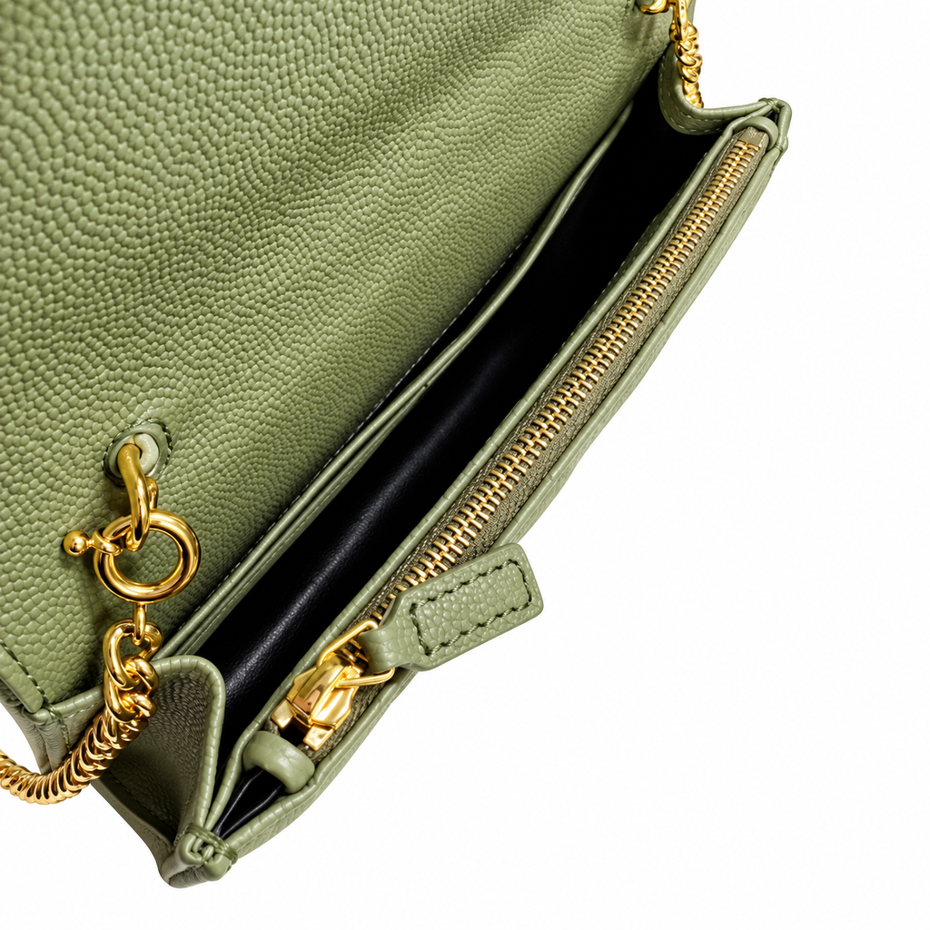 YSL Saint Laurent Envelope Chain Wallet in Sage Green Matelassé Leather