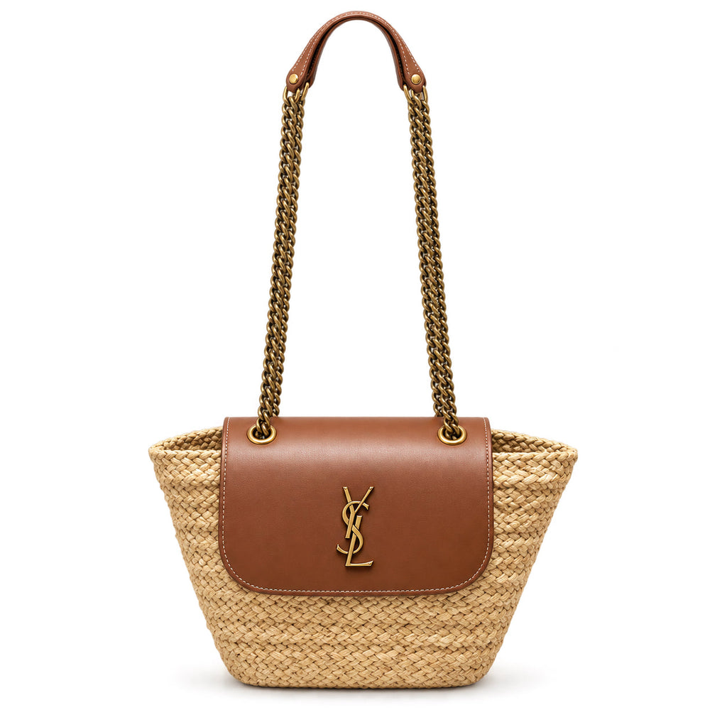Saint Laurent Nino Raffia Basket Bag in Natural Tan
