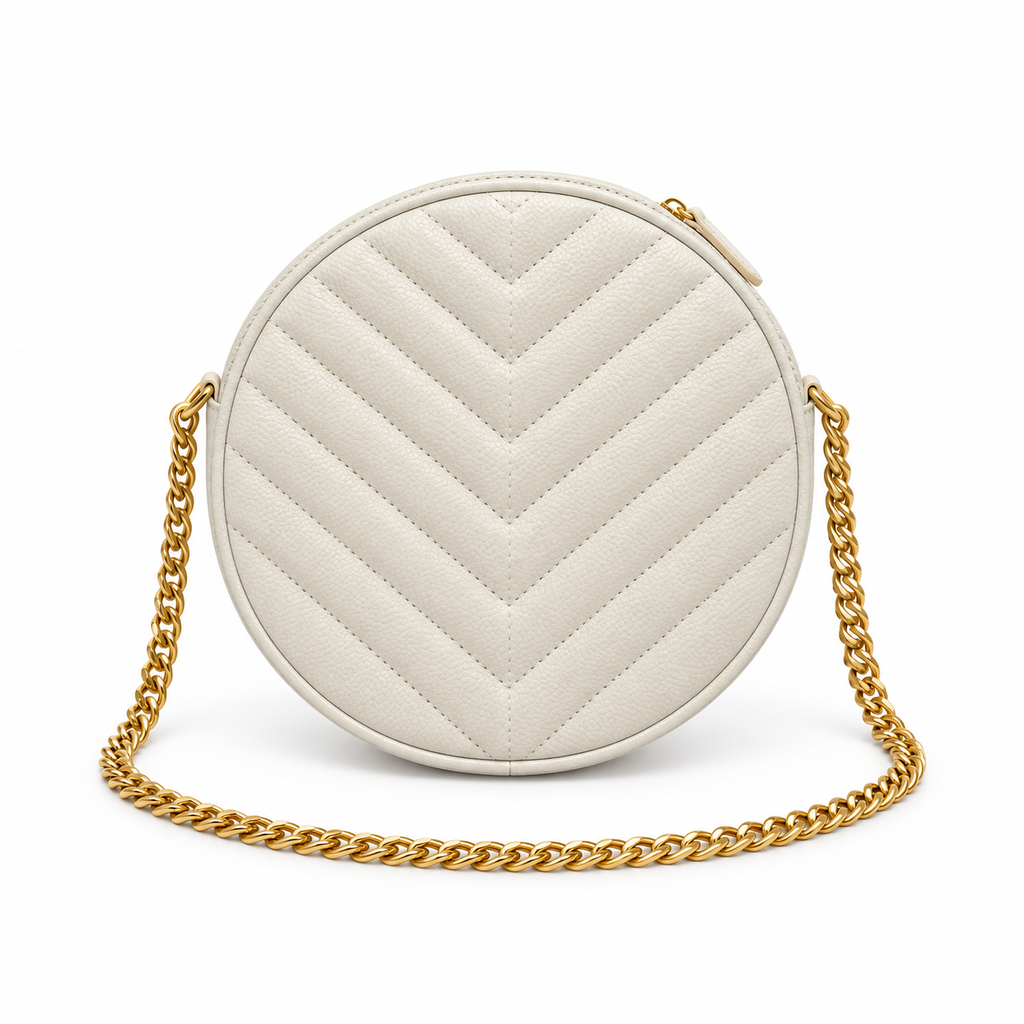YSL Saint Laurent Vinyle Round Chain Bag in Cream Matelassé Leather