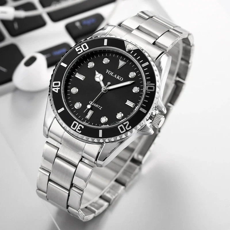 Men's Diver Style Watch – Blue Dial Rotating Bezel Steel Bracelet