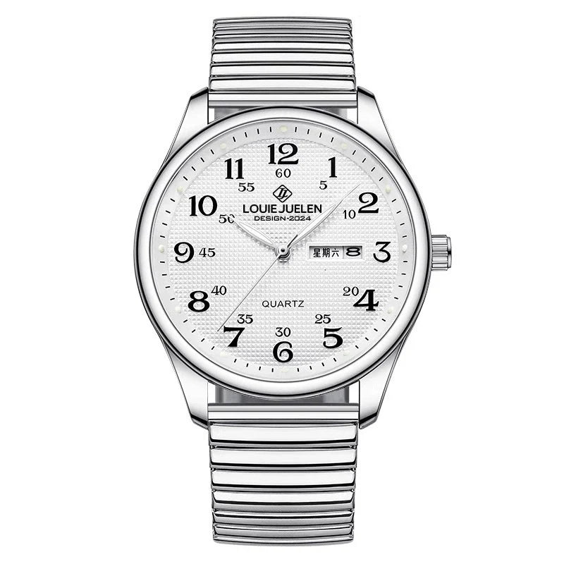Louie Juelen — Stainless Steel, White Dial, Day-Date & Stretch Bracelet