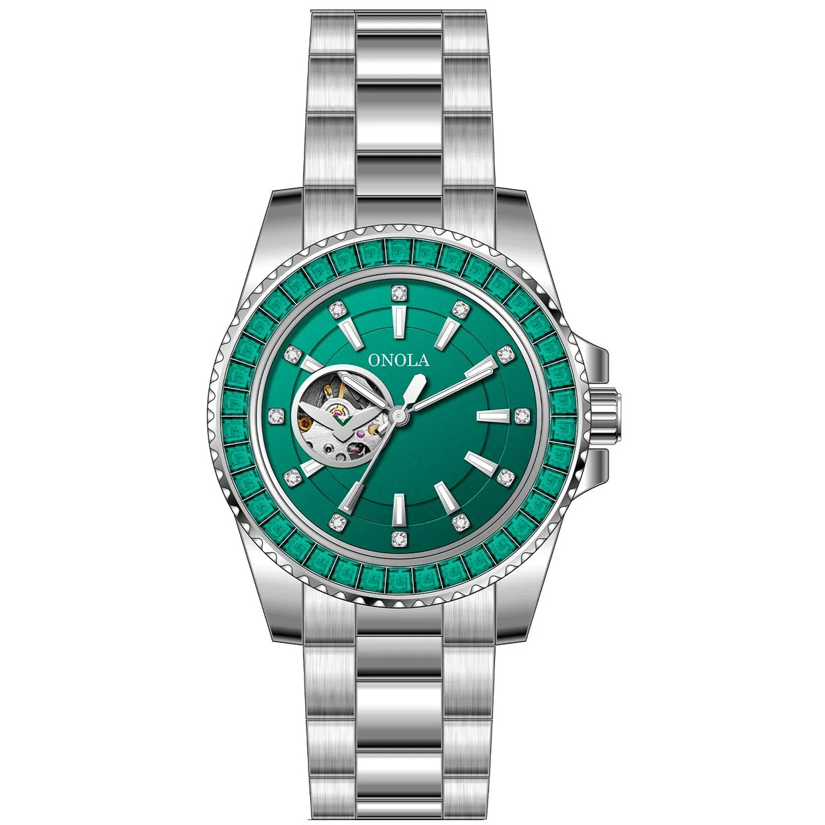 ONOLA Automatic Watch 44mm | Emerald Gem Bezel & Open-Heart Green Dial