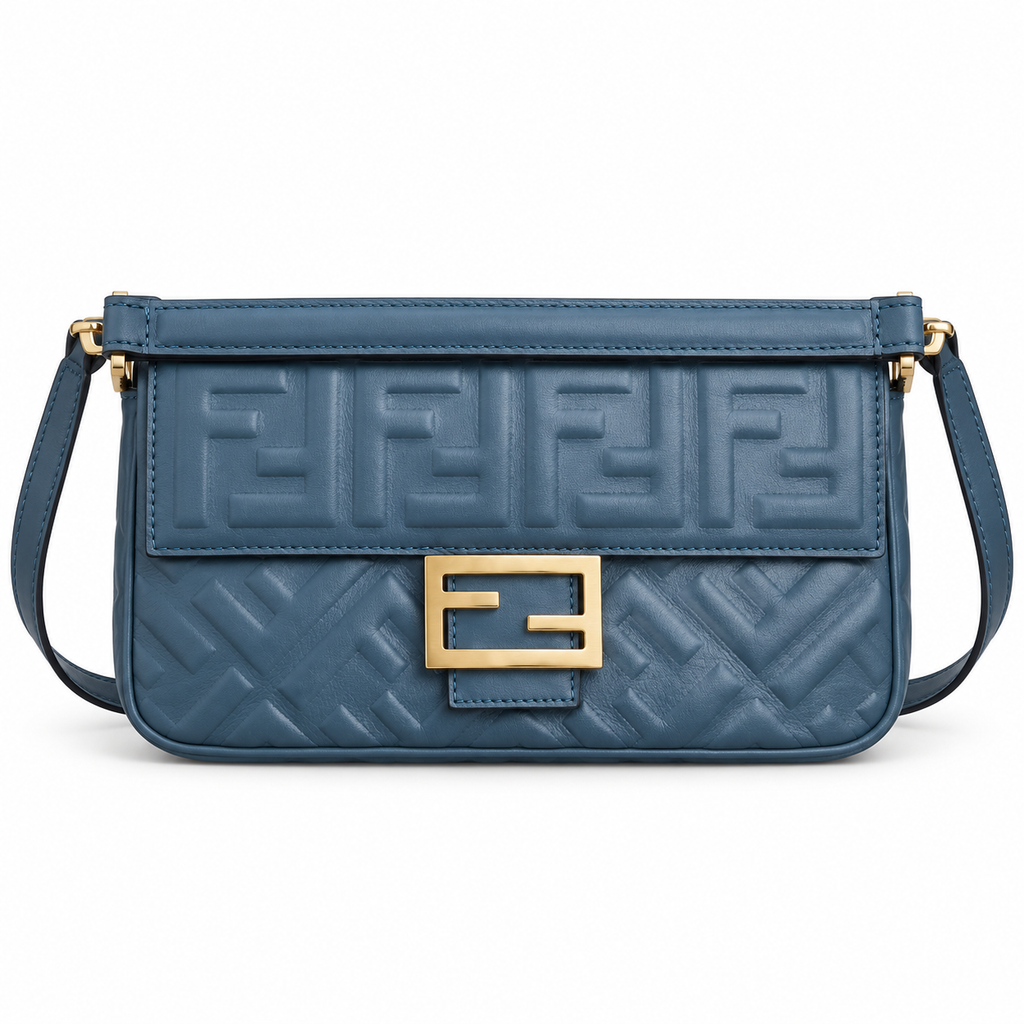 Fendi FF Elongated Shoulder Bag – Jacquard Canvas & Leather Trim, Flap Closure, 27cm